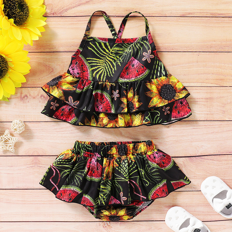 

Baby Girls Set Summer Printing Fashion European and American Baby Camisole Shorts, Black