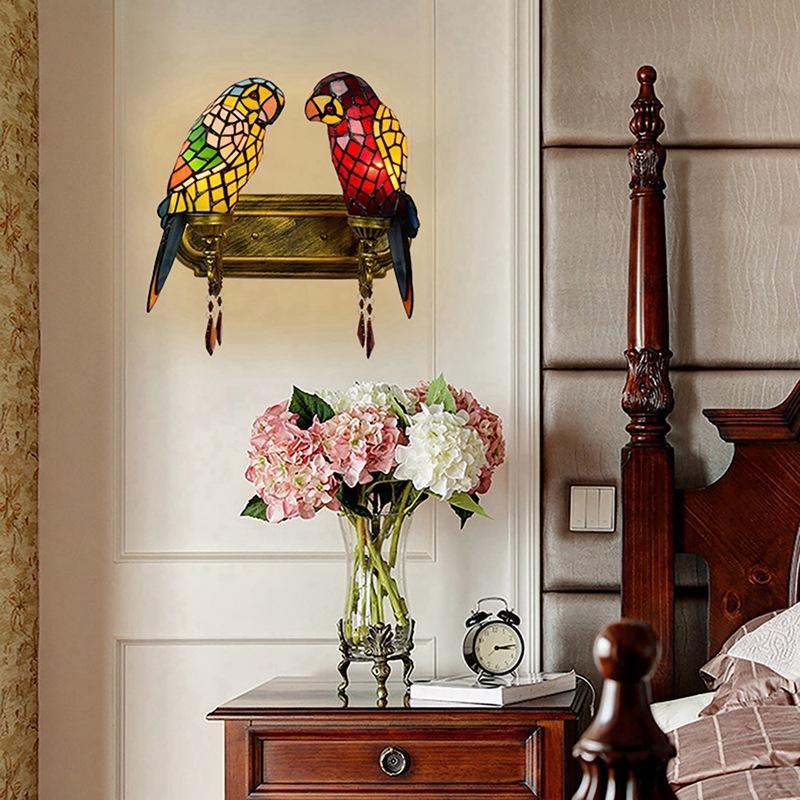 

Tiffany retro European corridor lamp bedside fun parrot restaurant and bar decoration double head crystal wall lamps