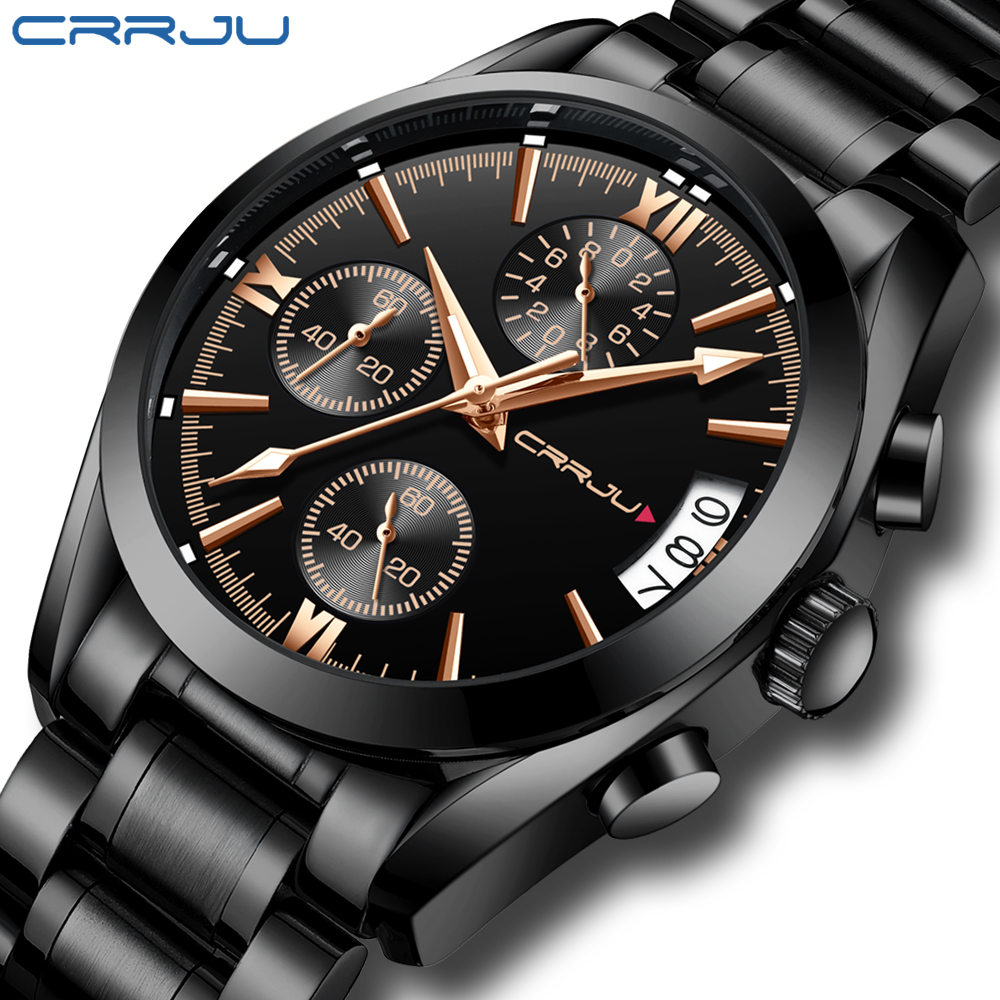 

CRRJU Mens Quartz Analog Watch Luxury Fashion Sport Wristwatch Waterproof Stainless steel Male Watches Clock Relogio Masculino, Black