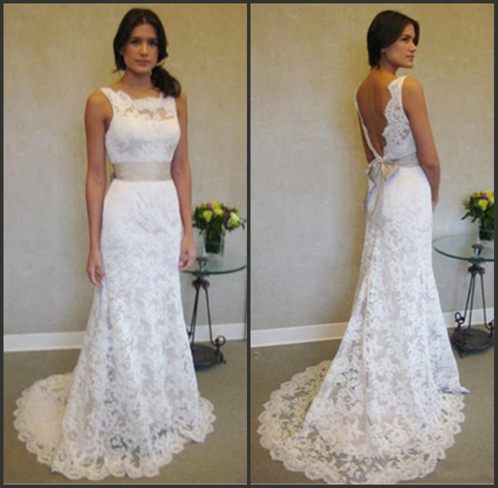 

Wangyandress Jewel Neck Mermaid Wedding Dresses Sleeveless Full Lace Sexy V-back Sweep Train Bridal Gown With Belt, Ivory