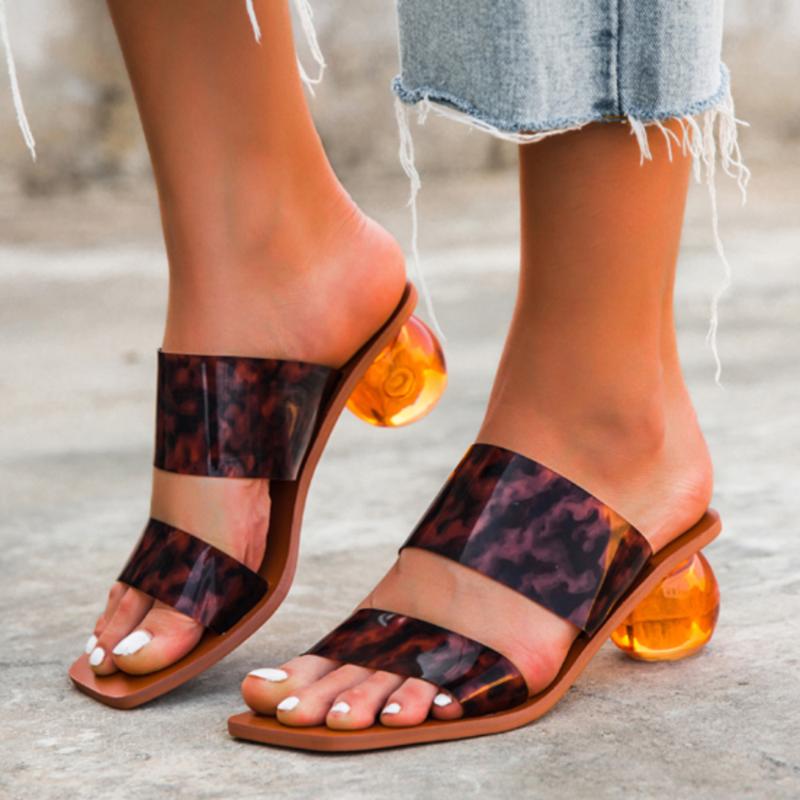 

Summer Clear PVC Square Toe Ladies Shoes Transparent Crystal Round Ball Heel Slippers Women Leopard Grain Jelly Sandals