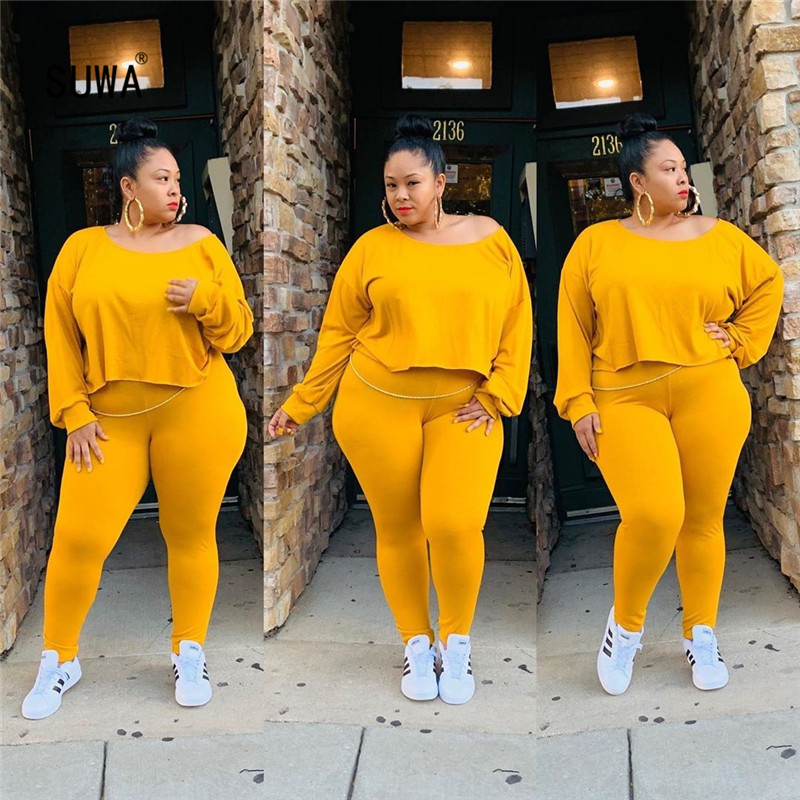 

Solid Women Set Clothing Plus Size 4XL Long Sleeve Casual T Shirt Top+Skinny Pants Fashion Autumn Sports Ladies 2 Piece Suit, Red