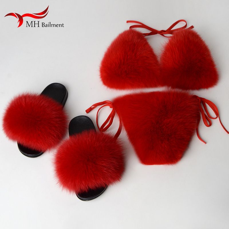 Femmes Pantoufles à fourrure Bikini Bra Set Furry Slides Summer Beach Maillot de bain Sous-vêtements Flip Flip Flop PVC Taille 36-43