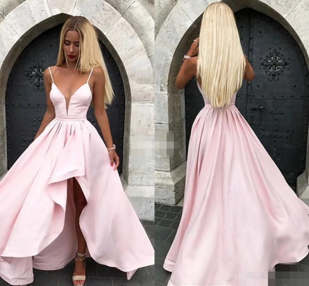 

2020 Pink Prom Dresses High Low Satin Spaghetti Straps Sheer Neck Pluning Deep V Formal Evening Gown Cocktail Party Wear Custom Made, Daffodil