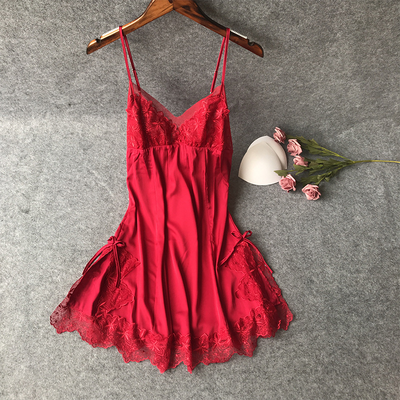 

Tight Lace Embroidery Princess Strap Nightdress Simulation Silk Sexy Nightgows Female Temptation Cute with Chest Pad Night Dress, Black