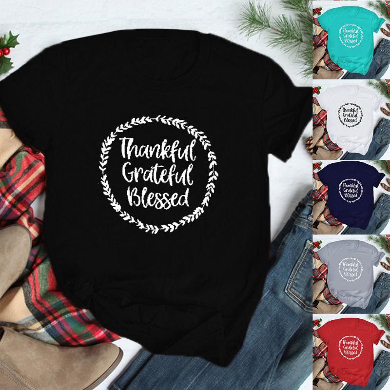 

bluzka damska vintage ropa mujer plus size blouse women' Round Neck Short Sleeve Thanksgiving Print Top blusas mujer de moda, Black