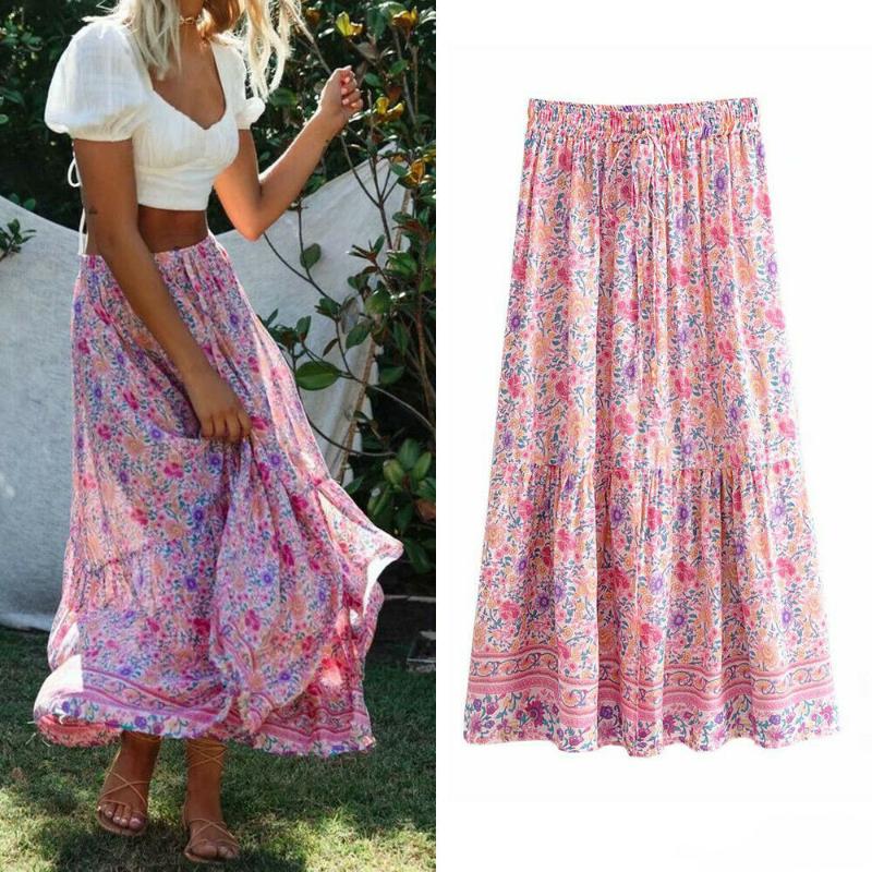 

Fashion Women Floral Printed Long Skirt Elastic Waist Holiday Beach Cover Up Dress