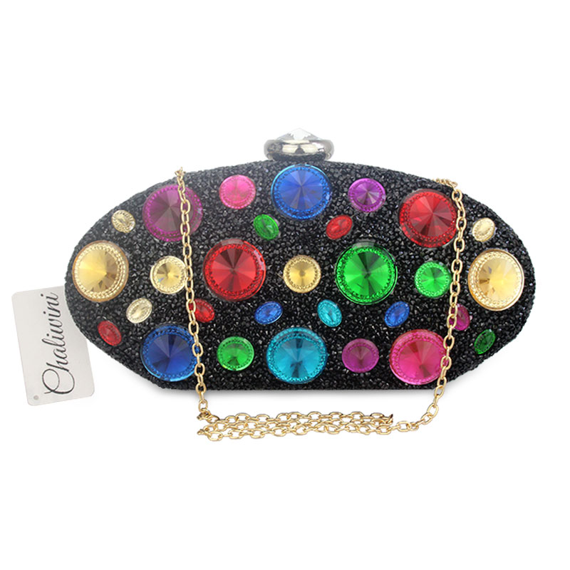 

Chaliwini Evening Bags Diamond Beaded Gem Stone Black Women's Purse Wedding Wallet for Women Shoulder Bags with Two Chain