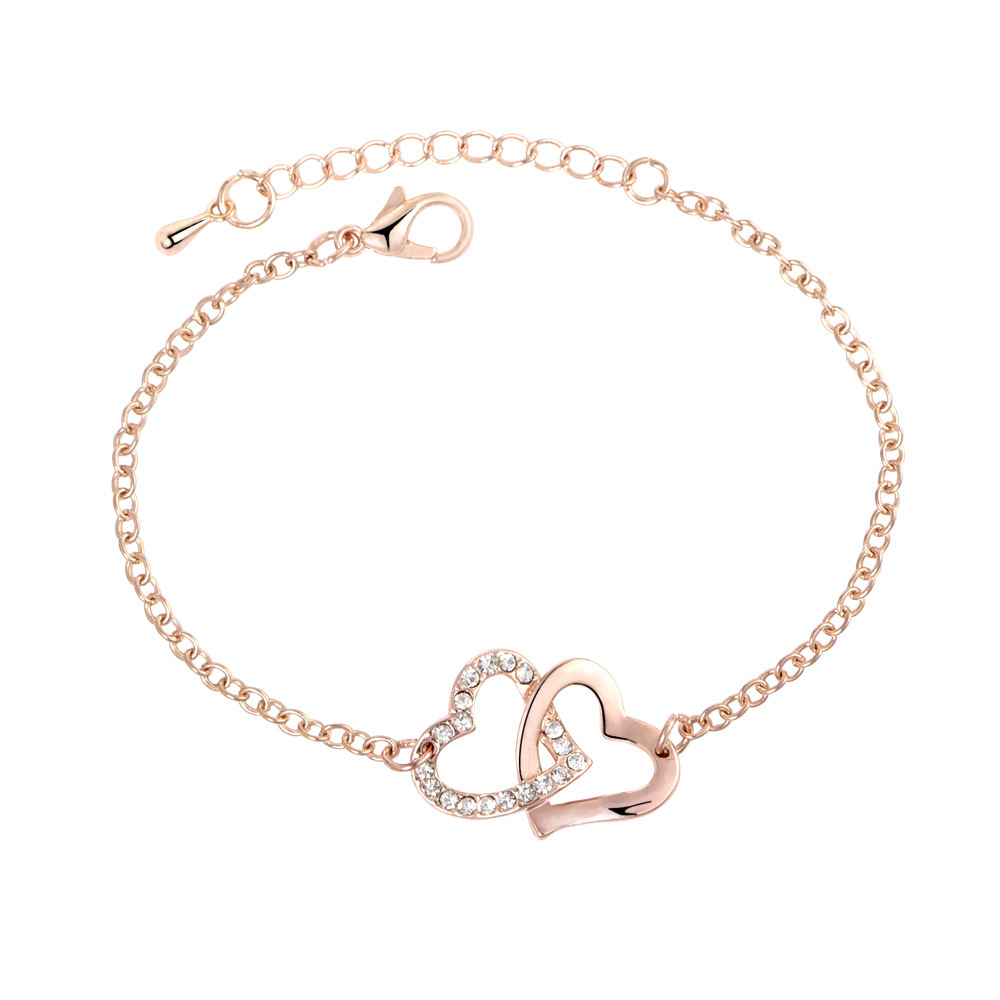 

Fashion Crystal Double Heart Charm Bracelets for Women Bangle Jewelry Gold Color Link Chain Bracelet Wedding Love Costume Pulseira, Black