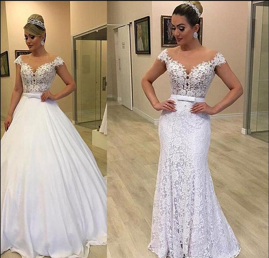 

two pieces Scoop Neckline Pearls Lace Wedding Dresses Bridal Gowns Detachable Train Offer The Shoulder Zipper Back And Mermaid Wedding Gowns, Ivory