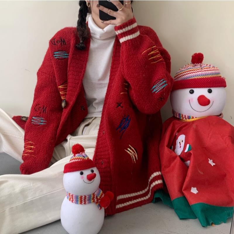 

Women Embroidered Sweaters Long Sleeve Casual Cardigan Ribbed Knitted Thick Tops Loose Ladies Winter Top, Red