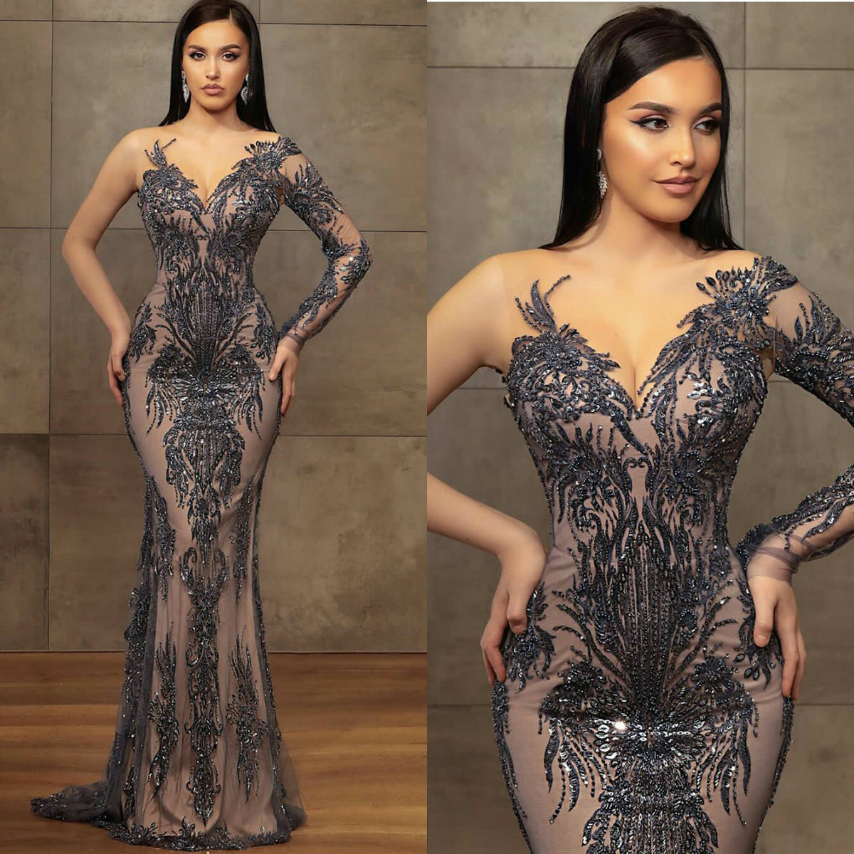 

Grey Mermaid Prom Dresses Sheer Jewel Neck Lace Floral Appliqued Beaded Evening Dress Sequins Custom Made Long Robes De Soirée, Dark red