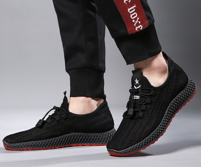 

Spring and summer new men's flying sneakers mesh cloth hollow breathable running shoes student casual white shoes, Black