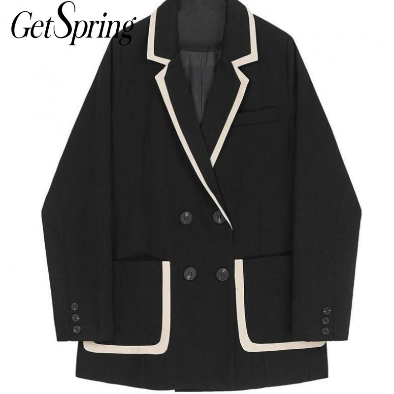 

Getspring Women Blazer Black White Color Matching Women Blazers Jackets Black Fashion Casual Suit Coat Double Breasted Blazers