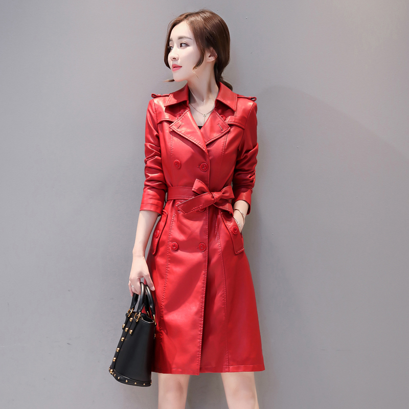 

Fashion Womens Faux Leather Slim Fit Belt Pocket Long Trench Jacket Parka Coat, Black
