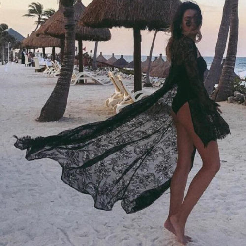 

New Women Summer Swimsuit Bikini Cover Up Sexy Beach Cover Up Lace Floral Kimono Long Blouse Elegant Solid Beach Bathing Suit, Black
