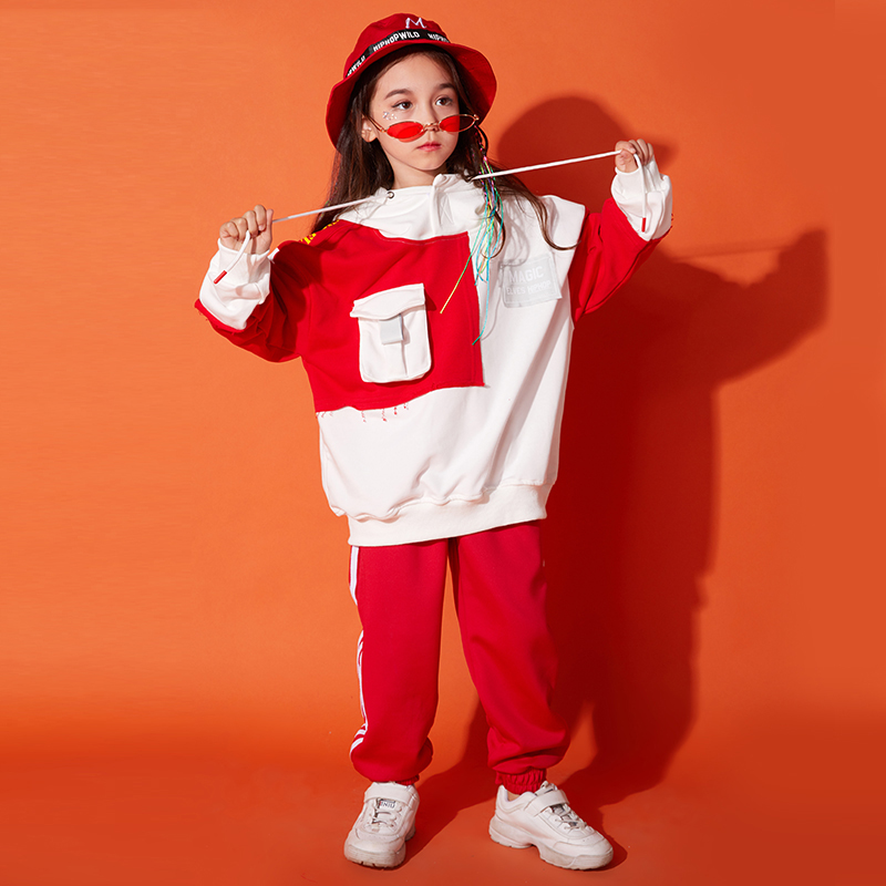 

Street Wear Kids Vestido Hip Hop Children Costume Girls Jazz Costume Long Sleeve Sweater School Stage Ropa Hip Hop Kids BL1955, Red pant