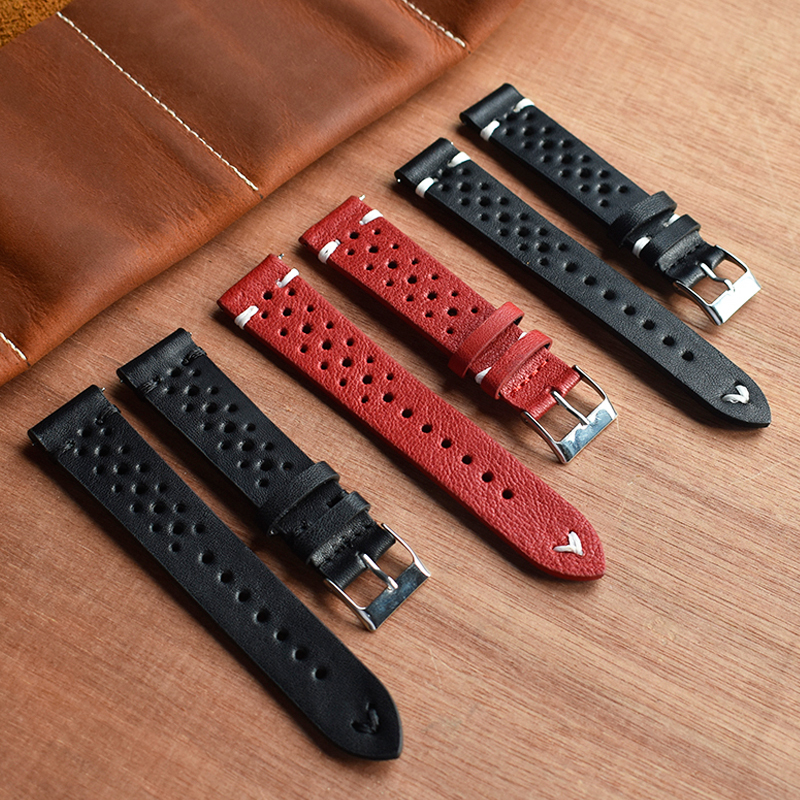 

Onthelevel 18mm 19mm 20mm 22mm 24mm Watch Leather Strap Porous Red Black Watch Band Handmade Stitching Watchband #D CJ191225