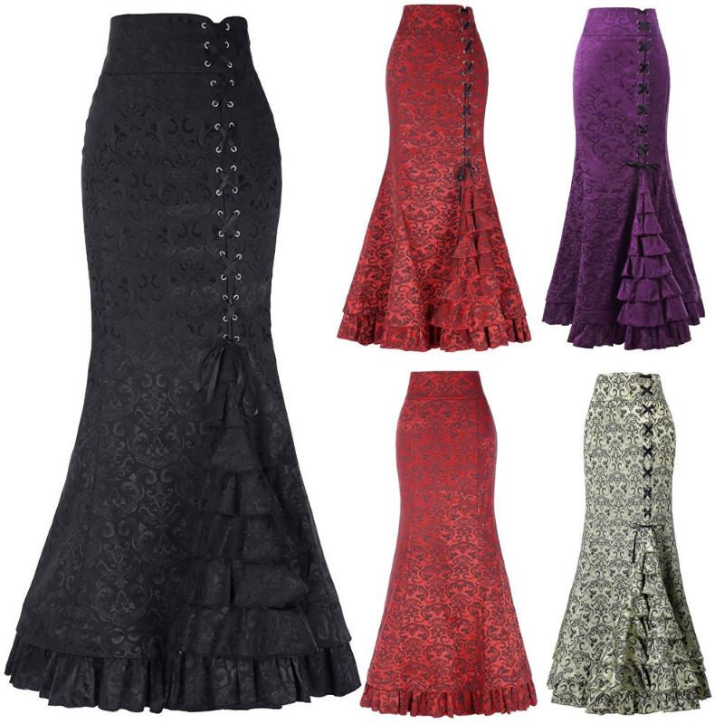 

Women Skirt Fashion Elastic Punk Style Retro Mermaid Skirt Vintage Long Bodycon Party Elegant Female Lace Ruffle Fishtail, Green