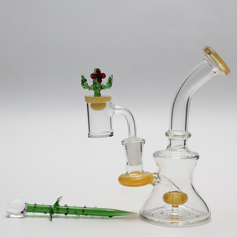 

Glass Bong Dab Rig Water Pipes 6" Tall Bong with Quartz Banger Showerhead Perc Yellow Heady Mini Bong Wax Oil Rigs Bubbler