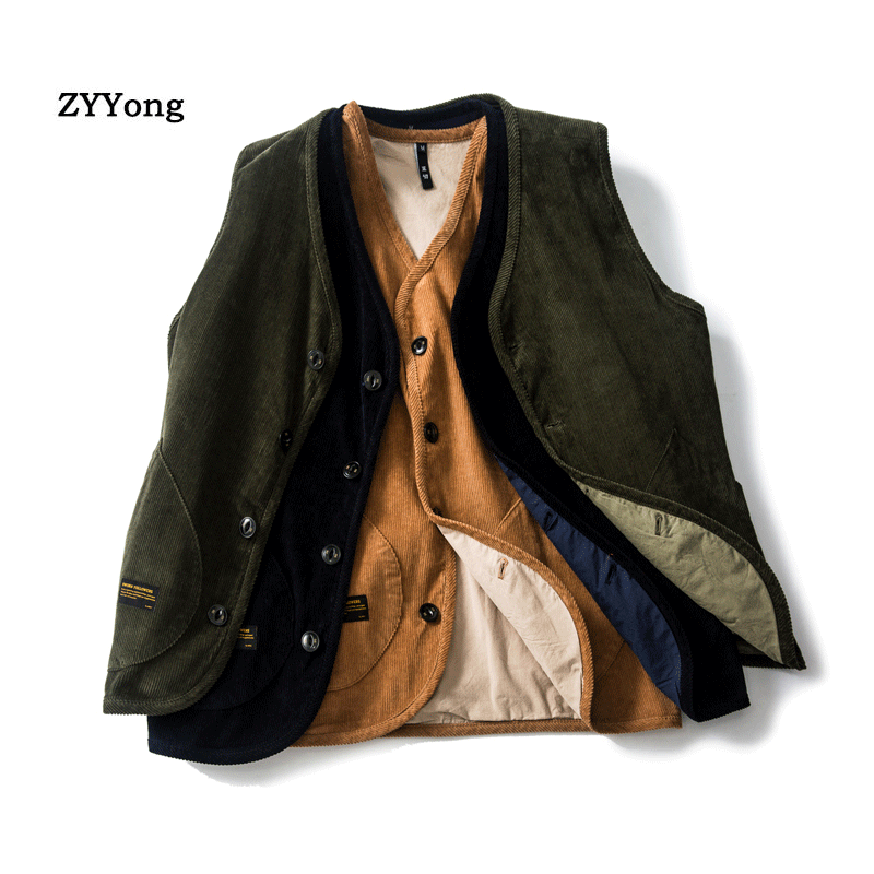 

New Stylish Corduroy Vests Men Waistcoats Casual Many Pockets Male Biker Gilet -XL, Army green