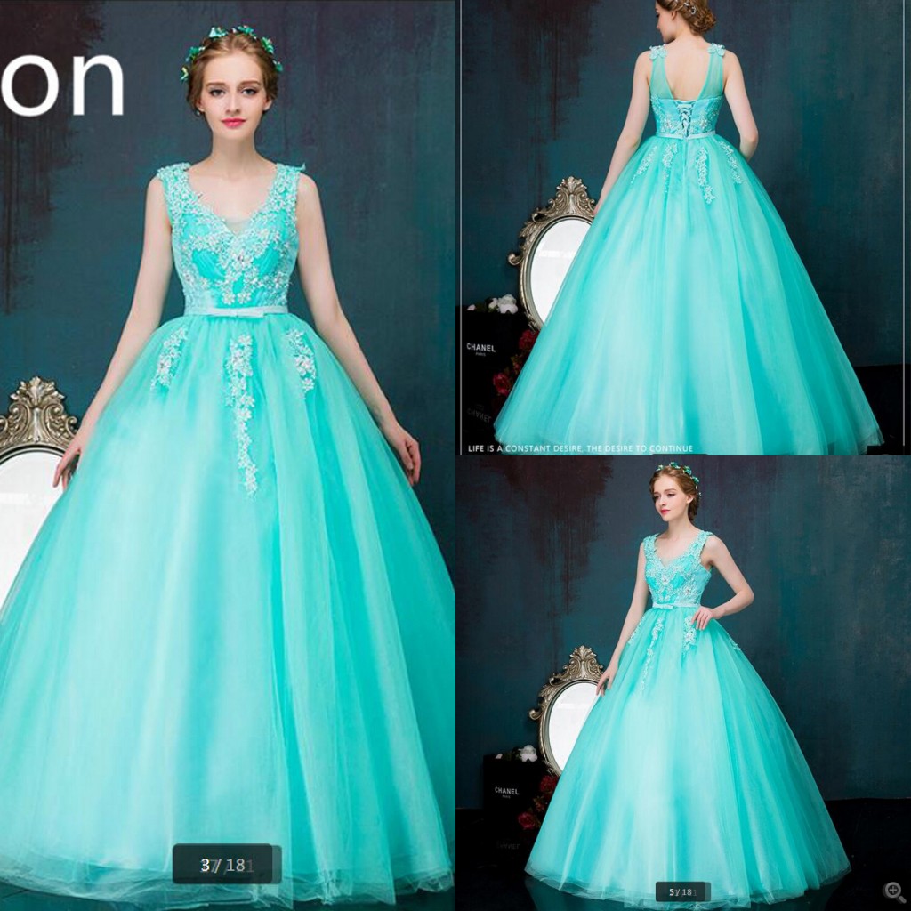 

New arrival sky blue ball gown sleeveless v neck prom dress lace appliques crystals puffy corset prom gowns sweet 16 free shipping, White