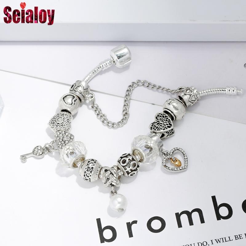 

Seialoy Silver Color Crystal Heart Charm Bracelets For Women Men Original Shiny Pearl Pendant Beaded Bangle Party Jewelry Gift