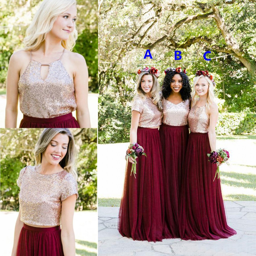 

Two Tone Rose Gold Burgundy Country Bridesmaid Dresses 2019 Custom Make Long Junior Maid of Honor Wedding Party Guest Dress Cheap Plus size