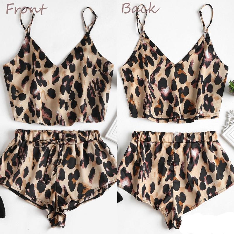 

hirigin Women Satin Lace Sleepwear 2PCS Sexy Spaghetti Strap Tank Shorts Leopard Print Lace Babydoll Nightwear Pajamas Set
