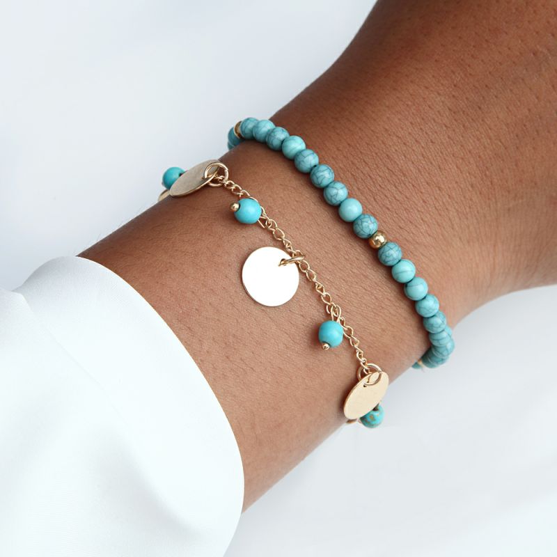 

Blue Beads Bracelet Round Pendant Ethnic Women Bracelet Anklet Multilayer Charm Natural Stone Bohemian Popular