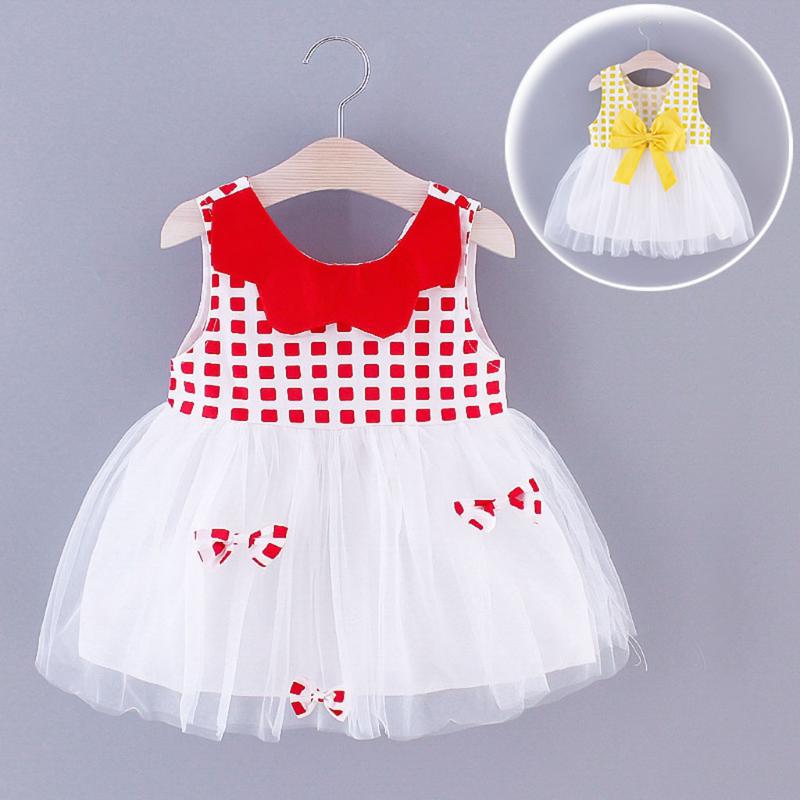 

Toddler Baby Girls Sleeveless Bowknot Plaid Print Tulle Princess Dress, Red