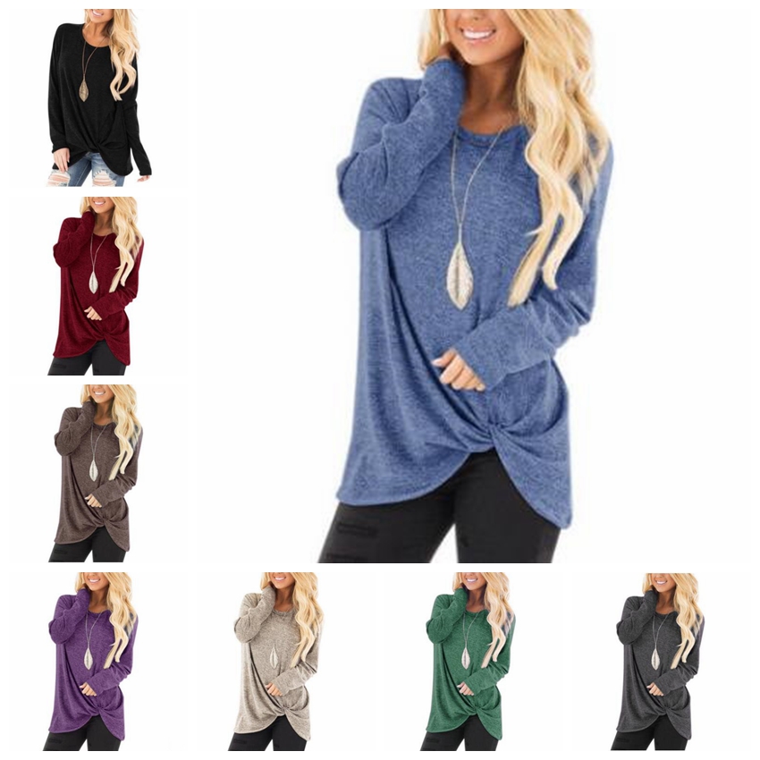 

Knotted T-shirts Girls Solid Long Sleeve Shirts Twist Casual Irregular Blouse Fashion Loose Tops European America Tanks Women Clothes D-6998, Mixed colors;random delivery