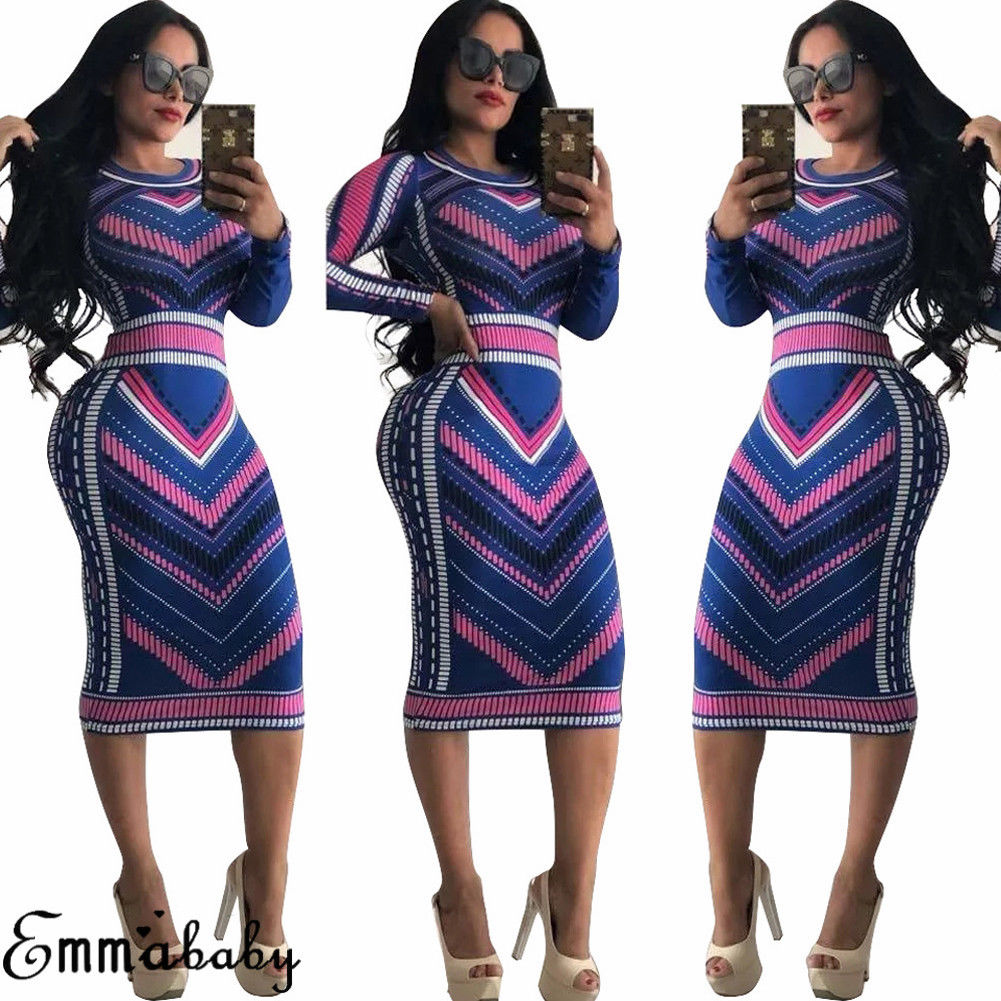 

Designer Women Casual O-neck Print Long Sleeve Bodycon Party Long Dress Ladies Sexy Striped Clubwear Dresses, Blue