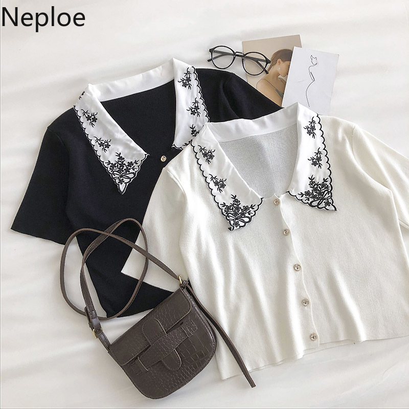 

Neploe Knitted Embroidery Turn Down Collar Sweaters Retro Single Breasted Short Sleeve Cardigans Korean Fashion Female Top 1D349, White