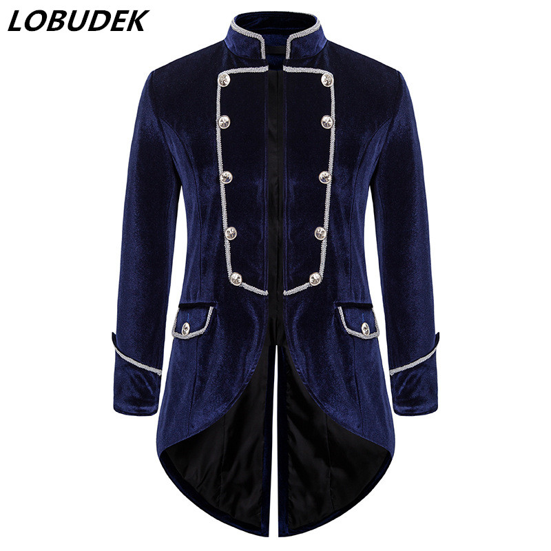 

Men Mid-length Blazer Vintage Court Tailcoat Navy Blue/Wine Red/Black Velvet Swallowtail Coat Performance Stage Tuxedo Costume