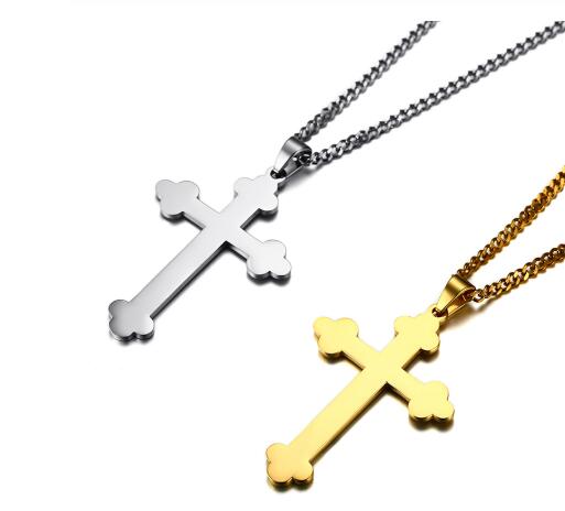 

Men Budded Cross Pins Pendant Necklace in Gold Silver Tone Stainless Steel for Religion kolye Male Unisex Jewelry 24"Chain