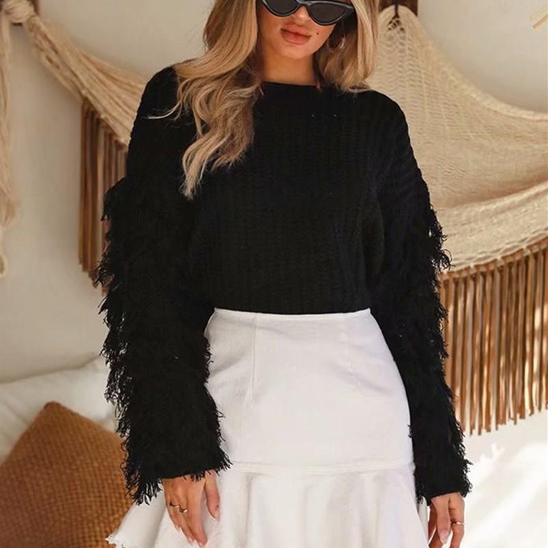 

2019 Women Winter Casual Solid Knit Sweater Tassel Lantern Sleeve Knitted Pullover Loose O-Neck Sueter Autumn Top, Green