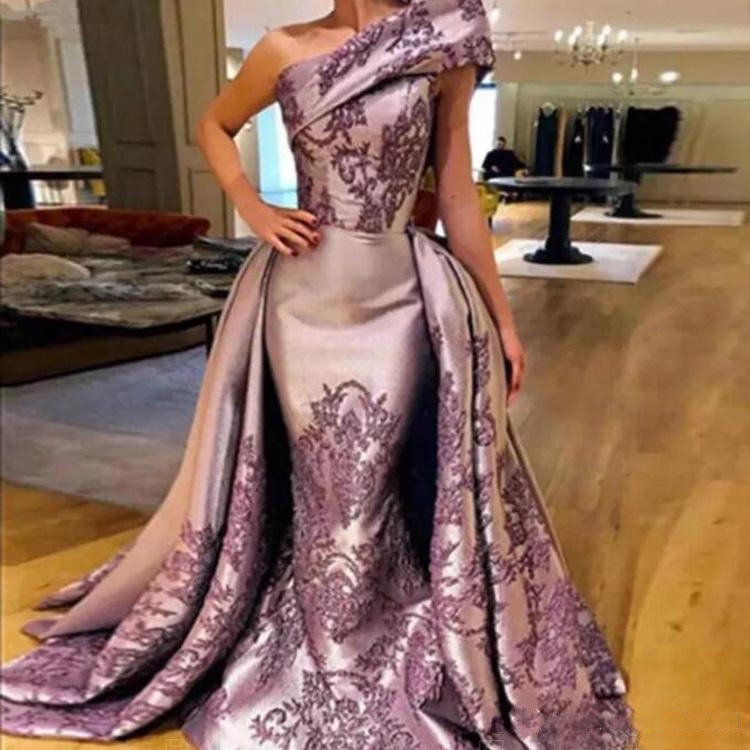 

Arabic Design Mermaid Evening Dresses with Detachable Train Overskirt One Shoulder Prom Party Gown One Formal Wear, Grape