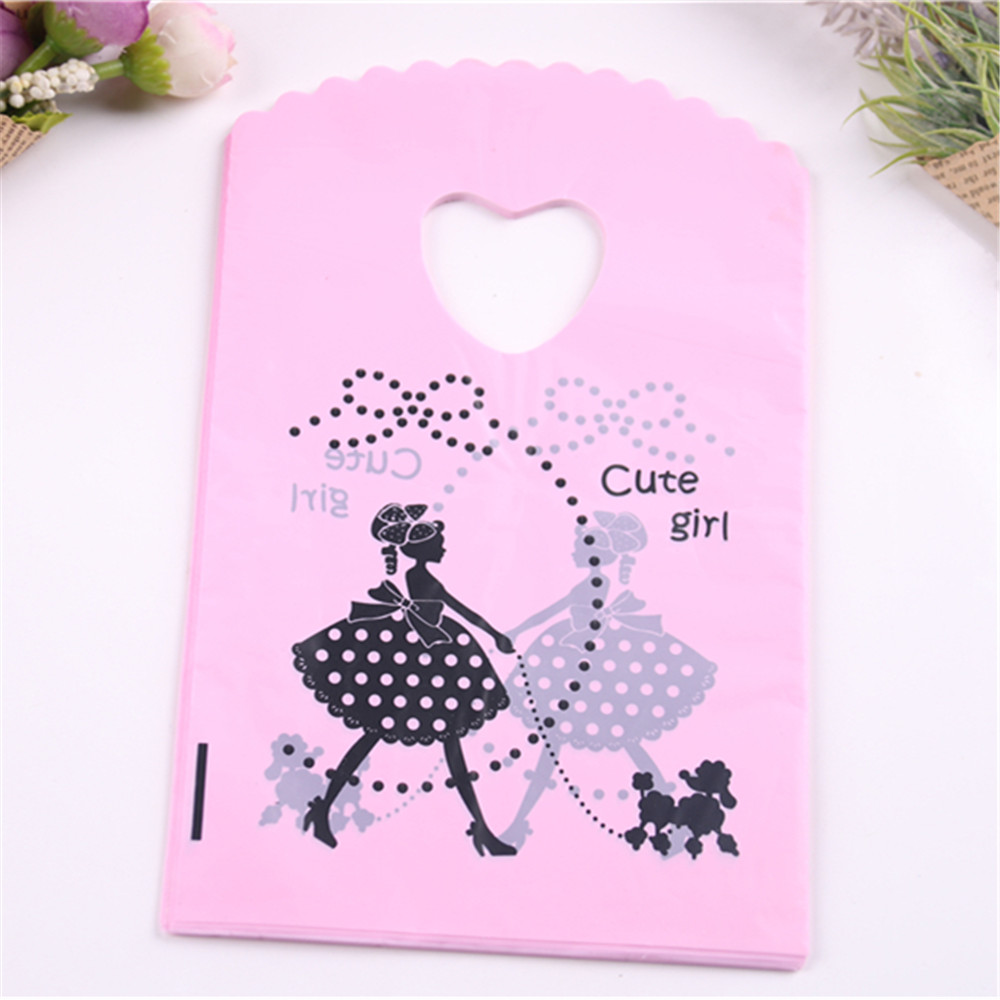 

50pcs/lot 13*20cm Pink Birthday Packaging Bags with Lovely Cute Girl and Dog Christmas Sachet Plastique