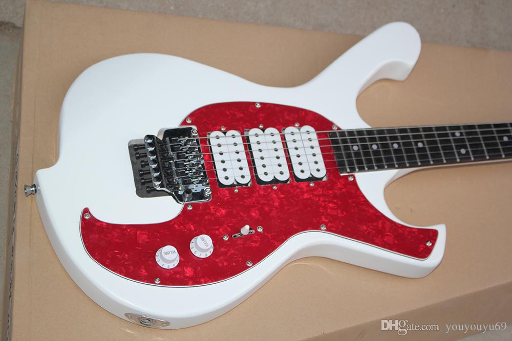 Custom factory wholesale discount price, white unusual electric guitar shape with SSH pickup 3, red pearl pickup, Tremolo, Chrome hardware,