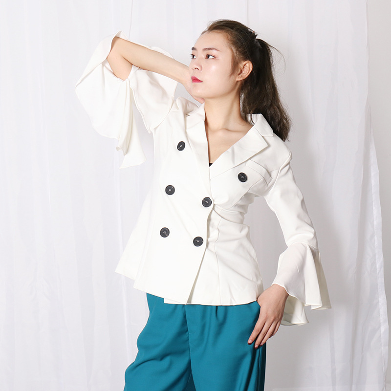 

Flare Sleeve Blazer Female Notched High Waist Double Breasted Black White Slim Coat Womens 2020 Spring Fashion Clothing