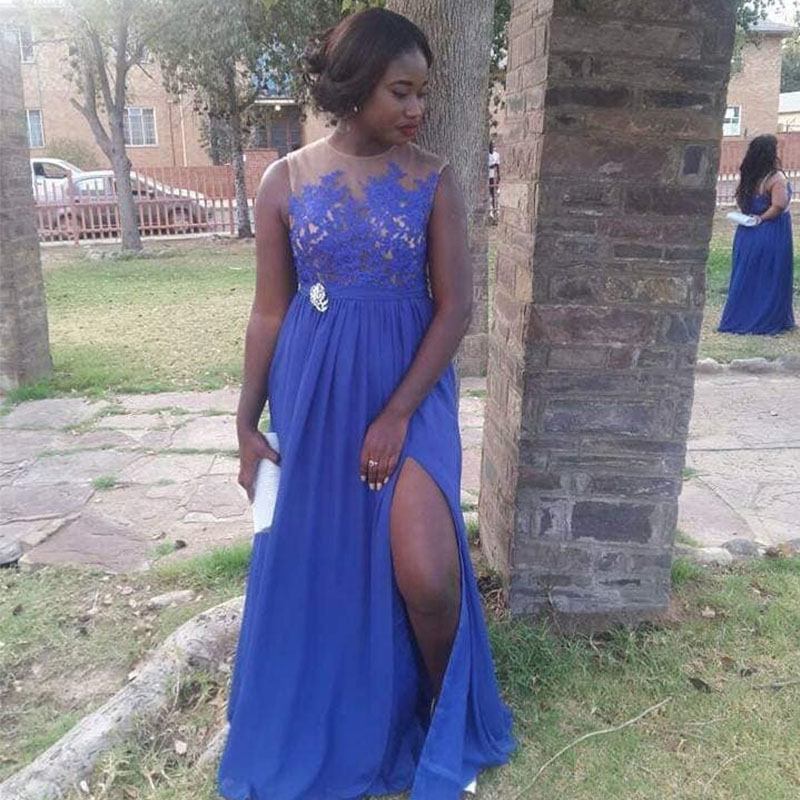 

African Bridesmaid Wedding Party Dresses Lace Appliques Blue Chiffon Junior Bridesmaid Gowns Long vestido boda mujer invitada