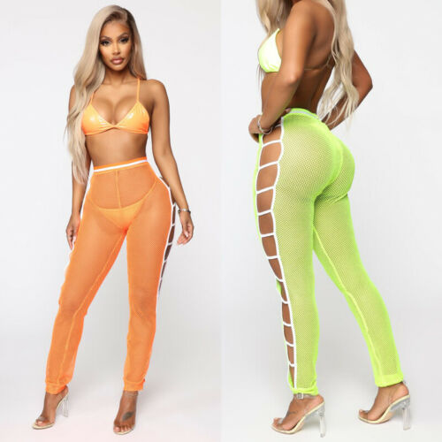 

UK Sexy Women Mesh Long Pant Slim Leggings Trouser Sheer Party Cocktail Swimwear Crochet Mesh Summer Elastic High Waist