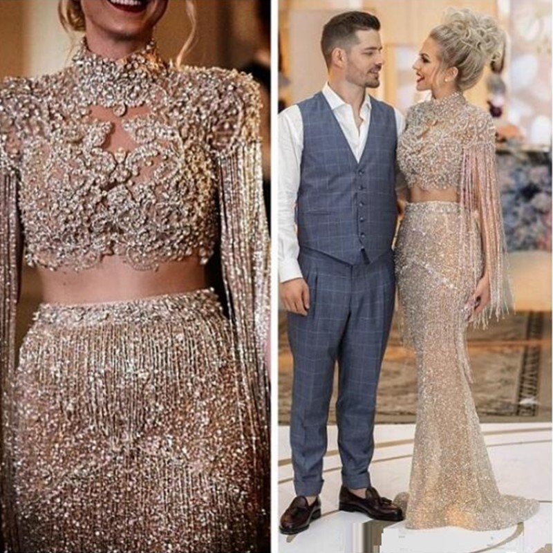 

2020 Aso Ebi Arabic Gold Luxurious Sexy Evening Dresses Beaded Crystals Mermaid Prom Dresses Sequined Formal Party Second Reception Gowns, Hunter green