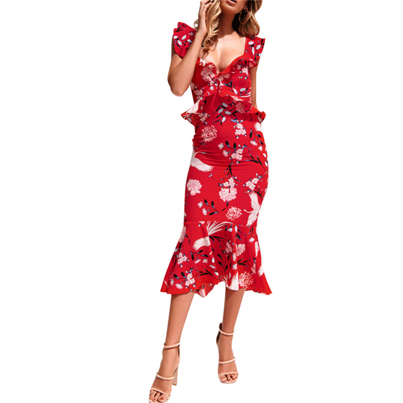 

Fashion Floral Printed Women Dresses New Sexy V-neck Ruffles Sleeveless Casual Bodycon Long Dress Female Summer Maxi Vestido Hot, As photo show