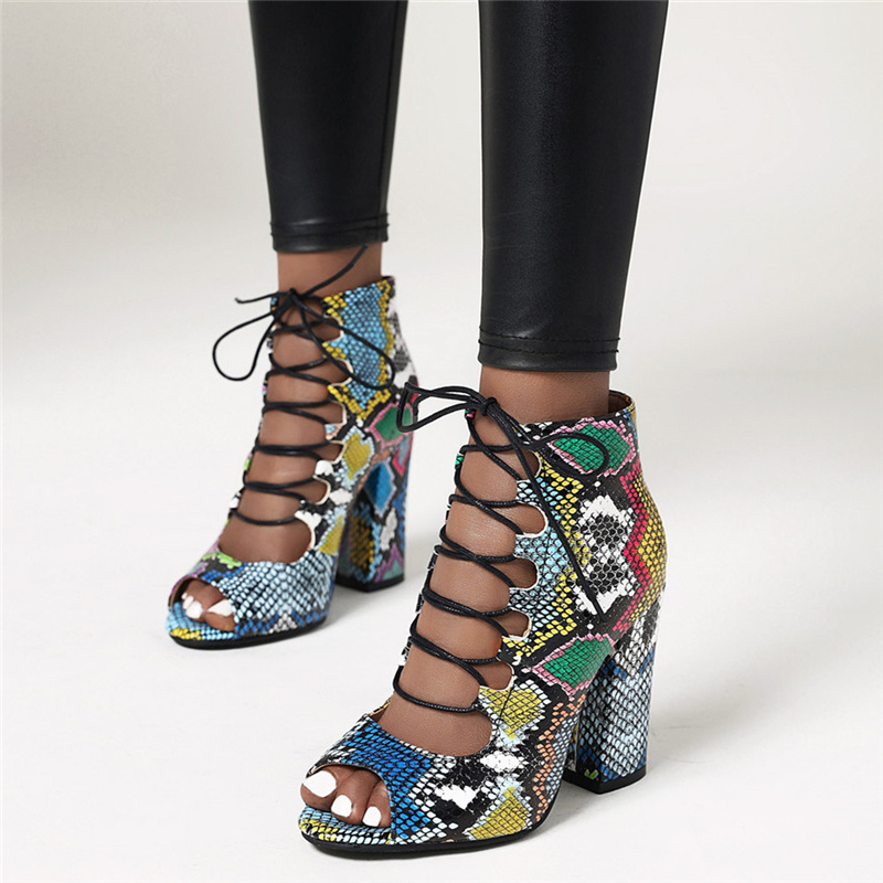 

Fashion Snake Print Ankle Boots For Women Sexy Block High Heels Summer Boot Female Cut-out Lace-up Heel Brown Leopard Shoe Woman, Blue