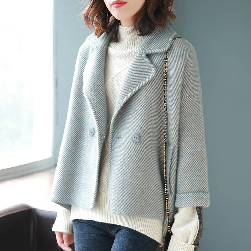 

Women Woolen Jacket Korean Version New Female Striped Loose Wool Coat 2019 Winter Turn-down Collar Plus Size Outerwear TQ0015J, Blue