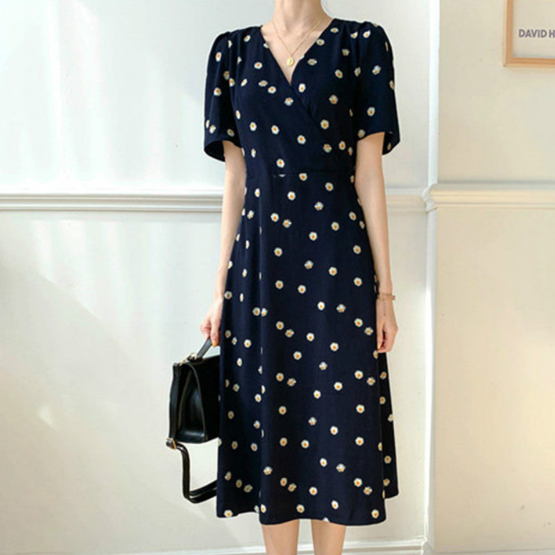 

Korean Chic V Neck Puff Sleeve Women Dress Vintage Flower Pattern Lacing Slim High Waist Dresses Elegant Summer Vestidos Mujer, Dark blue