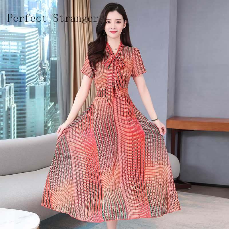 

2020 Summer New Arrival High Quality Short Sleeve Bow Collar Printed Chiffon Women Long Dress Plus Size, Green