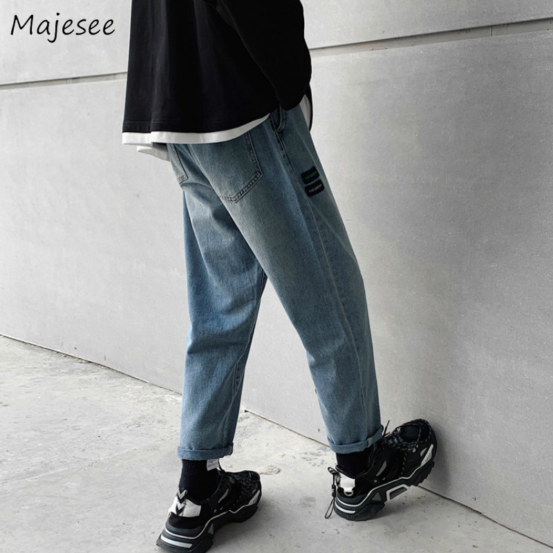 

Men Jeans Ankle-length Loose Retro Solid All-match Hip-hop Straight Ins Leisure Mens Plus Size 2XL Korean Style Trendy, Black